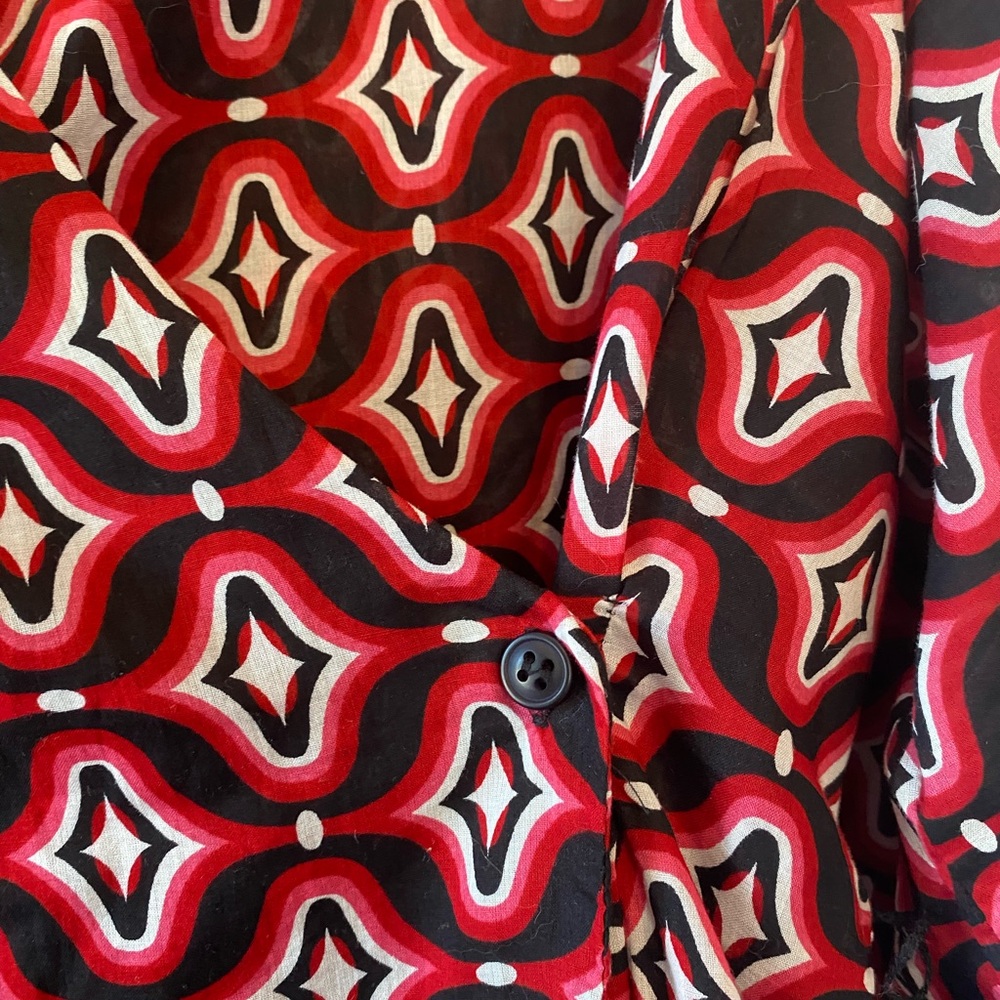 Womens Art Deco All Over Geometric Pattern Drape Collar Wrap Blouse Medium Boho - Picture 7 of 16